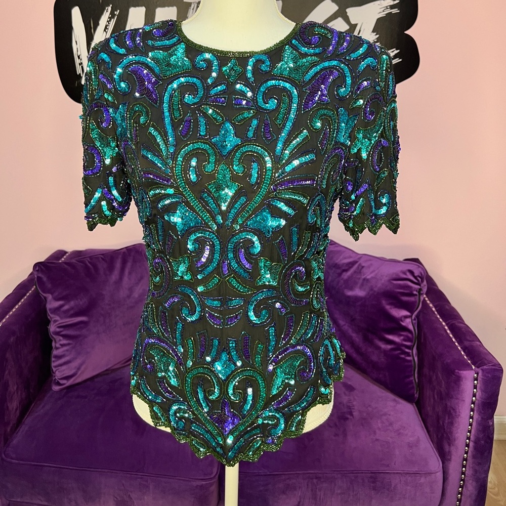 Vintage Sequin Top 100% silk Lawrence Kazar teal turquoise purple size Small